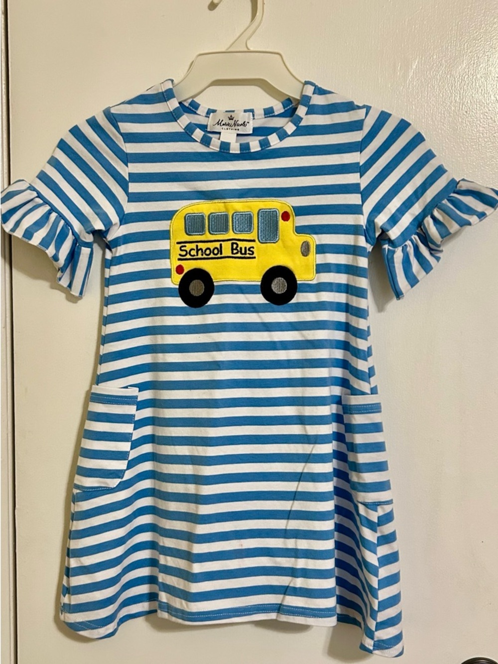 Marie Nicole  Blue & White Stripe Dress with Yellow Bus Applique